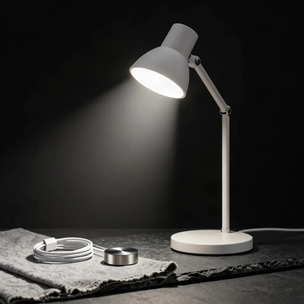 Matte white LED desk lamp casting a bright pool of light on charcoal stone with linen and cable