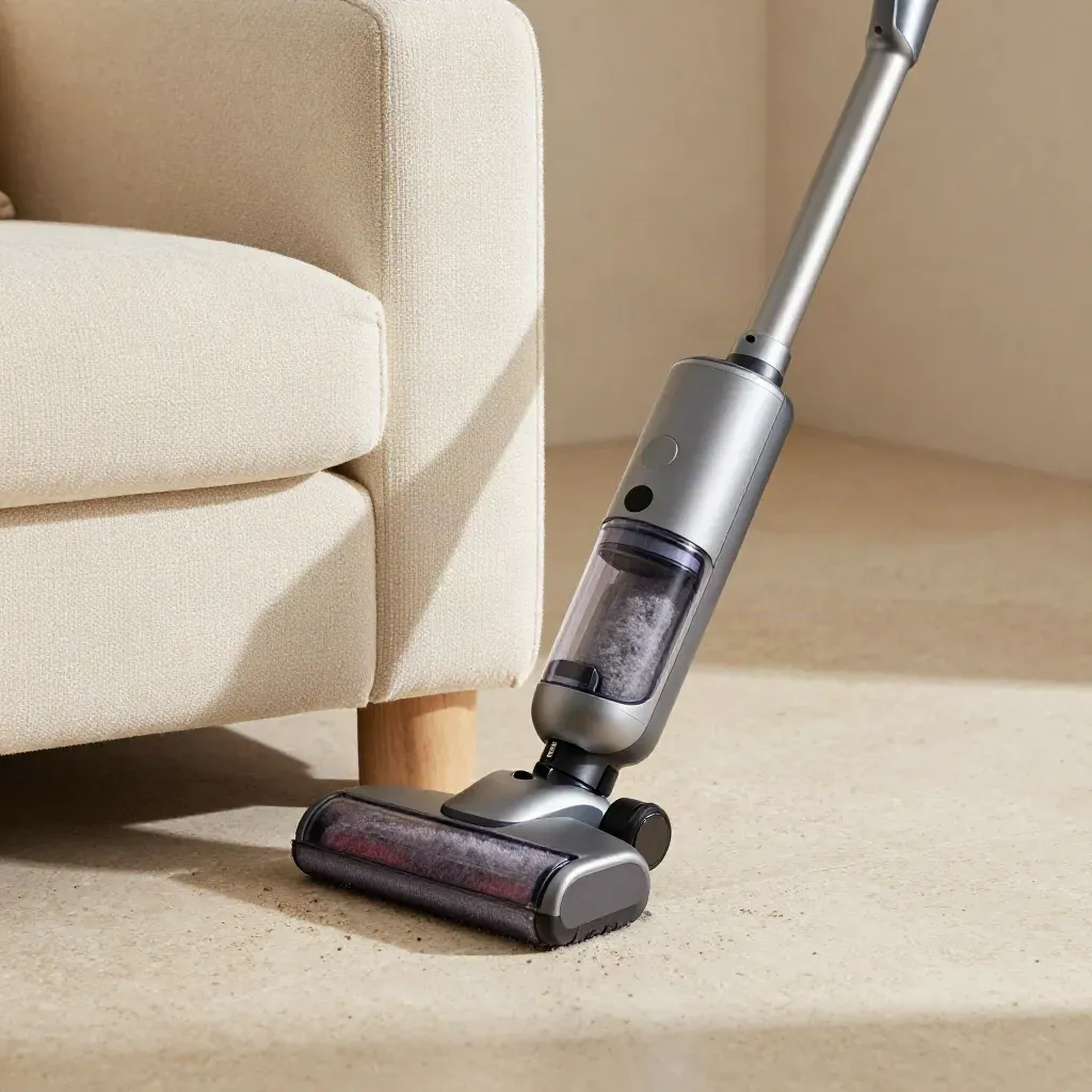 Mini vacuum on travertine beside a sofa edge, dust chamber full, crumbs and soft daylight.