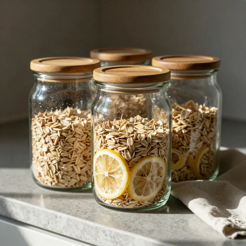 Three clear glass food jars with oats, lemon slices and linen on a limestone shelf.