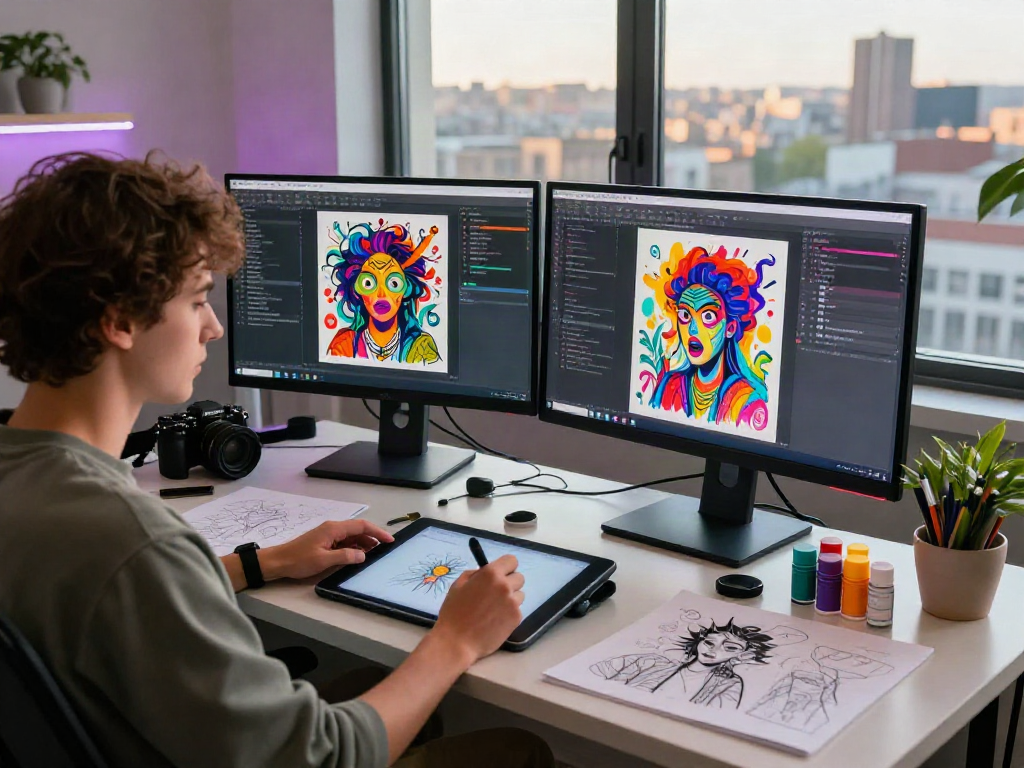 Digital artist creating provocative nsfw ai illustrations in a vibrant studio.